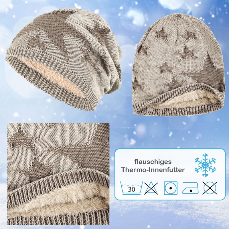 Compagno Stars Winter Warm Lined Beanie Woven Pattern One Size
