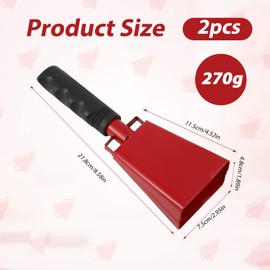 2pcs Cow Bell Noise Maker, Cowbell with Handle for Sporting Events Football Game Cheering Bells Large Solid School Bells Hand Call Bell (Red)