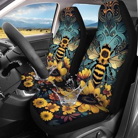 Bee Floral Polyester Front Car Seat Covers, 2 Pack