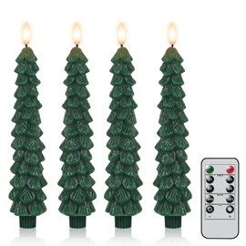 Wondise Christmas Tree Flameless Candles with Remote and Timer, Real Wax Battery Operated 3D Wick LED Taper Candles Flameless Flickering Candles for Christmas Holiday Decor (4pcs 0.78" x 9.8")