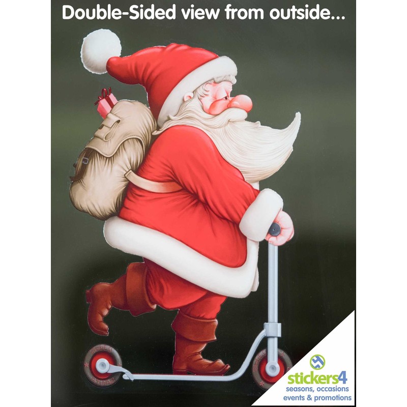 Vintage Scooter Santa Double-Sided Window Cling Sticker - Christmas Window