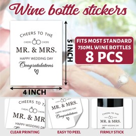 8 Pcs Mr and Mrs Gifts Wine Bottle Labels, Wedding Engagement Gifts for Couples Newlyweds, Bridal Shower Bride to Be Gifts, Wine Labels Stickers for Christmas Wedding Party, 4x5 Inch-A65