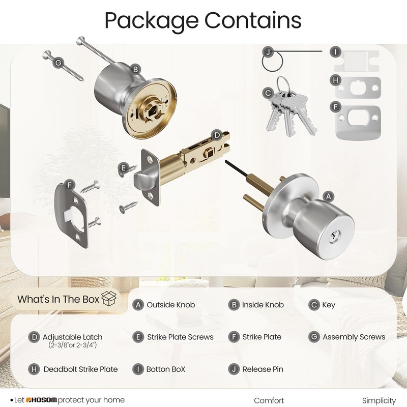 HOSOM Door Knob with Lock and Key, Keyed Entry Door