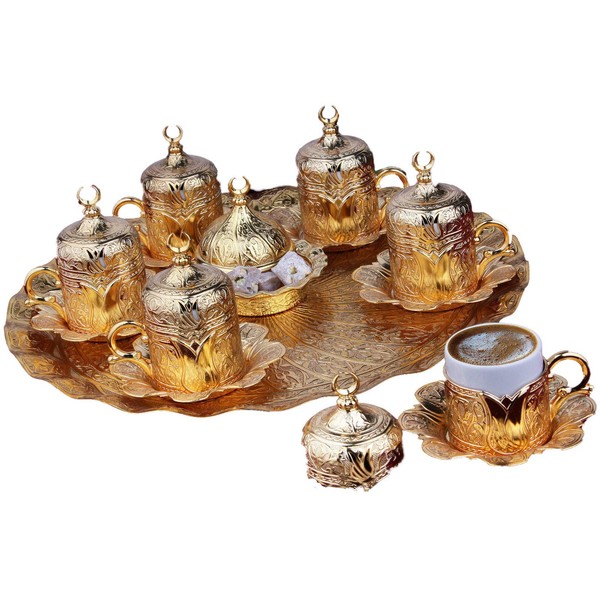 Gold Case Gold plated METAL Turkish, Arabic, Greek and Espresso Coffee Set for 6 - Made in Turkey - 27 pieced set with Bowl, Gold
