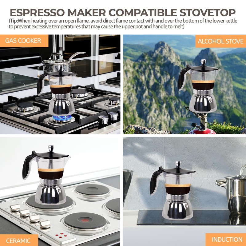 Clear Plastic Moka Pot 6 Cup 300ml Stainless Steel Coffee