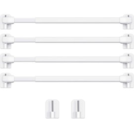 4 Pieces Extendable Curtain Rod Cupboard Bars Tensions Rod Adjustable Plastic Curtain Rod with 10 Pieces Self Adhesive Hooks for Home Bathroom Hotel Supply (23.6 to 37.4 Inch, White)