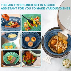 LOULANLUXE Air Fryer Liners Round 8.7 inch Silicone Air Fryer Basket Collapsible Airfryer Liners Accessories Set, 5.8-8 QT, Food Grade, Heat Resistant, Air Circulation Design (Blue+Green)