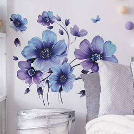 Blue Flower Wall Sticker Flower Plant Butterfly Wallpaper Sticker Removable Fashionable Floral Butterfly Dancing Between Flowers Home Wall Sticker Decor Art Wall Decor Wall Decor Art Wall Decor Wall