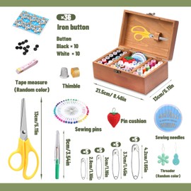 196 Pcs Sewing Accessories Wooden Sewing Box with Sewing Kit Accessories Organize Box with Needle Thimble Pin Cushion Button for Travel, Camping, Home DIY