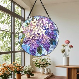Stained Glass Window Hanging, Lilac Flowers Sun Catchers Diamond Glass Panel Hangings Plant Suncatcher Decor Christmas Mother's Day Birthday Gifts for Women Men Mom (7.8 Inch)