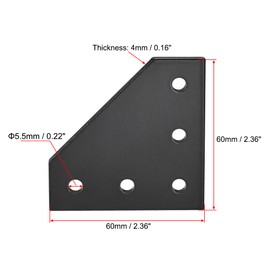 sourcing map L Shape Outside Joining Plate, 60mm x 60mm x 4mm with 5-Hole Joint Bracket for 2020 Aluminum Profile, 2 Pcs (Black)