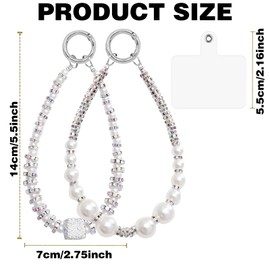 CANIPHA 2Pcs Pearl Phone Wrist Strap Phone Bracelet White Pearl Phone Strap with Phone Patches Short Pearl Lanyard Phone Decoration Wristlet Keychain Beaded Phone Wrist Strap, Phone Bracelet Strap