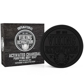 Viking Revolution Skin Cleaning Agent Activated Charcoal Soap for Men w/Dead Sea Mud, Body and Face, Cleanser,Cleansing Blackheads - Peppermint & Eucalyptus Scent 0.7 Fl Oz (Pack of 1)