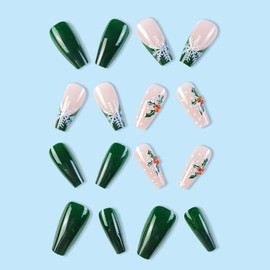 Christmas Press on Nails Long Coffin MABKJLF French Tip Fake Nails Green Full Cover Snow Holly False Nails with Designs Glossy Glue on Nails Manicure Artificial Acrylic Nails for Women Girls 24Pcs