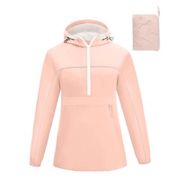 Avoogue Women Raincoat Active Outdoor Waterproof Windproof Rain Jacket Packable Fashion Hooded Reflective Double Layer Slicker(Light Pink,XXL)