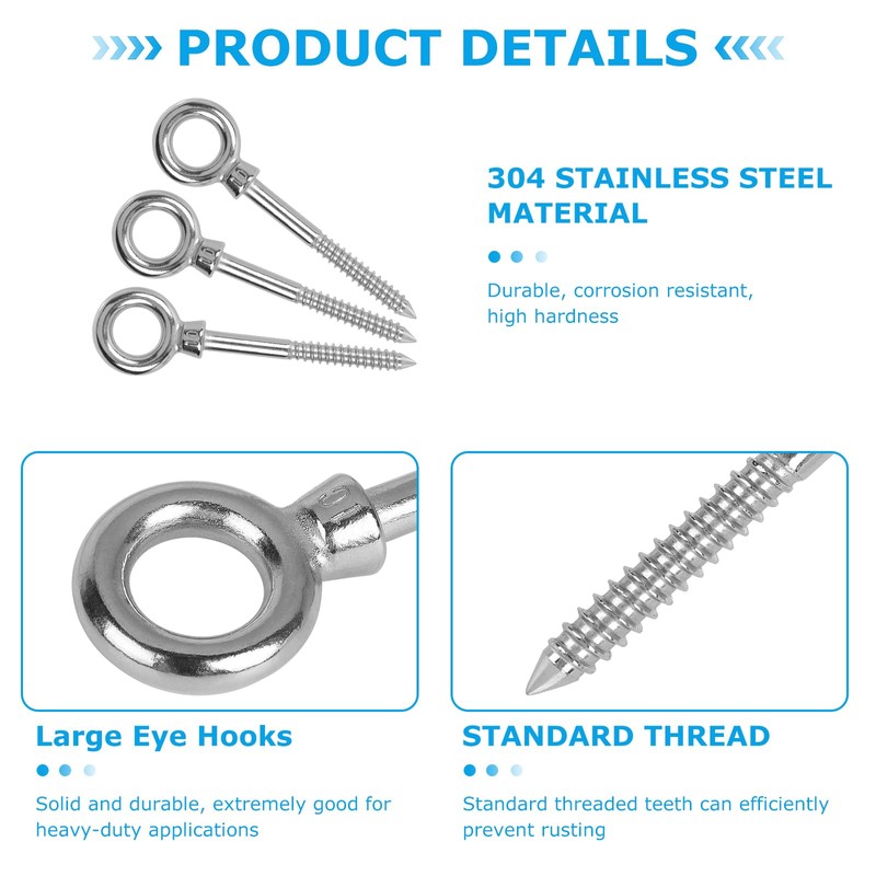 EFUTURETIME 4 x Eye Bolts Stainless Steel with Wood Thread