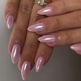 Mirror Metal Pink Press on Nails Almond Shaped Chrome Glazed Medium Almond Nails Press on Bling Shiny Plating Nails Acrylic Reusable Fake Nails Stiletto Glue on Nails Medium Length