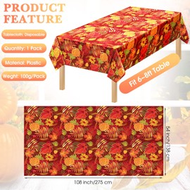 Tegeme 1 Pcs Thanksgiving Tablecloth Disposable Rectangle Plastic Tablecloth Fall Maple Leaves Pumpkin Table Covers for Autumn Harvest Thanksgiving Holiday Party Decor