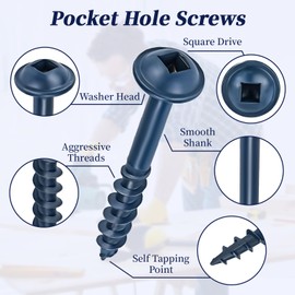 Pocket Hole Screws #8 x 1-1/2", Goobetter 100 Pcs Pocket Screws 1-1/2 Inch for Exterior, Washer Head with Square Drive, Coarse Thread, Blue Coated, Self Tapping, 100MM Drive Bit Included