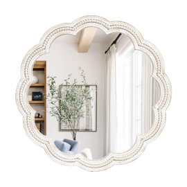 UPPER DECOR 24 Inch Round Wall Mirror, Whitewashed Wooden Frame with Scalloped Edge & Beaded Trim, Decorative Farmhouse Boho Mirror for Bedroom, Bathroom, Living Room, Entryway