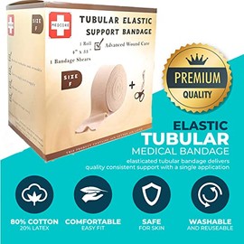 Vendaje Tubular Elástico Premium Stockinette, Talla F, 4 pulgadas x 33 pies. Mangas de Compresión Elástica Reutilizables - Más Un Par de Tijeras Médicas