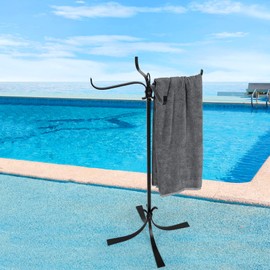 Sinyzope Pool Outdoor Towel Rack, Metal Heavy Duty Never Tilt Pool Accessories, 4 Bars Hot Tub Accessories Towel Dying Rack, Towel Stand Standing Towel Rack Elegant Design for Pool, Spa（3.6FT high）