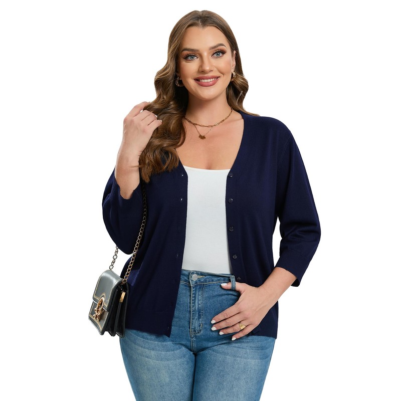 Cárdigan de manga 3/4 con botones para mujer, azul#, XL