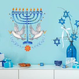 Hanukkah Menorah Wall Decals,Removable Vinyl Chanukah Wall Stickers,Peel and Stick Wall Art for Jewish Holiday Bedroom Living Room Home Kitchen Decor