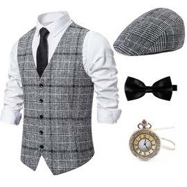 Gionforsy 1920s Mens Costume Gatsby Gangster Vest Fedora Hat Suspenders Bow Tie Costume Accessories Set (Gray, XX-Large)