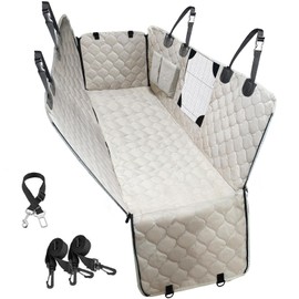 PETICON Dog Car Seat Cover with Mesh Window, 100% Waterproof Dog Seat Cover for Back Seat, Scratchproof Dog Hammock for Cars, Trucks, SUVs, Jeeps, Beige