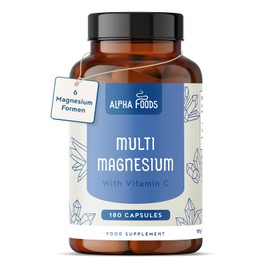 Alpha Foods Magnesium Complex High Dose with 6 Forms Including Bisglycinate, Magnesium Citrate & Ascorbate, 180 Capsules, 2140mg per Daily Dose, Vegan, with Vitamin C