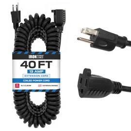 Iron Forge Cable SJEOW Black Outdoor Coiled Extension Cord 40 ft, 16/3, 13 Amp Oil Resistant & Flame Retardant 3 Prong Coiled Wire for Outdoor & Indoor
