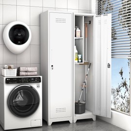 LUCYPAL Broom Closet Storage Cabinet,65" H Metal Cleaning Tool Cabinets with Hooks and Hanging Rods,Slim Utility Closet Cabinet for Garage,Utility Room,Gym,Mops,Kitchen,White