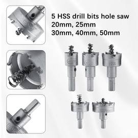 Telituny Carbide Hole Cutter, 20 mm, 25 mm, 30 mm, 40 mm, 50 mm, 5 Pieces, HSS Drill Hole Saw Set, TCT Cores, Metalworking Hole Cutter Tools for Metal, Stainless Steel, Iron, Sheet Metal, Brass,