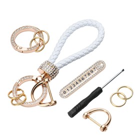 MUGVOLAX Anti-Lost car Keychains, Key fob Chains with Phone Number Plate, Leather Woven key chains, Accessories With Bling Rhinestones (White)