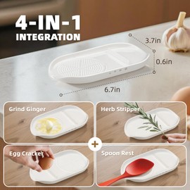 Luvan Garlic Grater Plate Ceramic Egg Cracker Spoon Rest Herb Stripper for Kitchen, 4-in-1 Porcelain Garlic Ginger Grater Set with Brush & Silicone Pad for Grinding Wasabi, Ginger, Garlic, Cheese