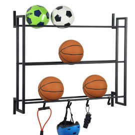 MyGift Ball Rack Wall Mounted, 3 Tier Gym Exercise Equipment Storage Organizer Shelf Display with 4 S-Hooks for Basketball Football Volleyball