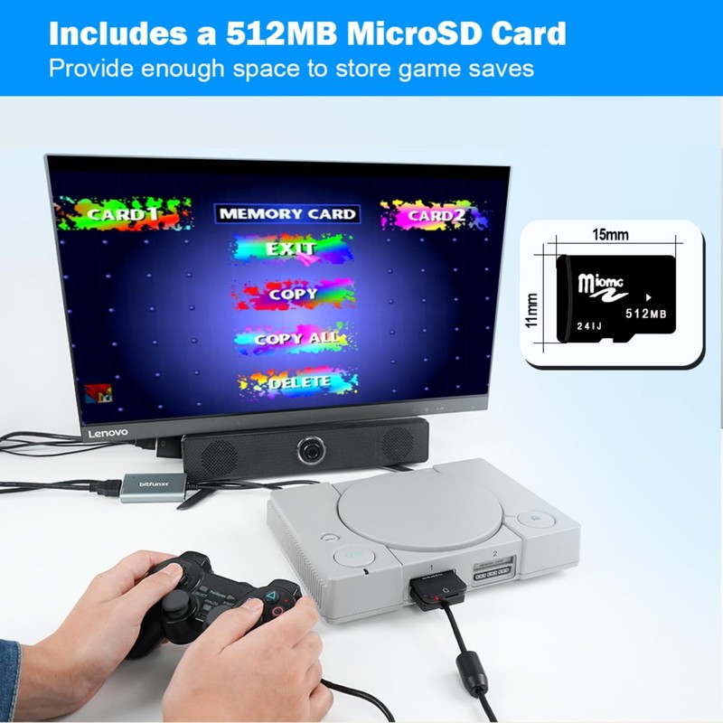BITFUNX PSxMemCard PS1 Memory Card - Supports Firmware Upgrade, Saves