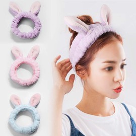 AmzBarley 3 Piece Cute Rabbit Ears Hair Cap Super Absorbent Elastic Bath Makeup Women's Facial Wash Hair Band Cute Hair Turban Bowknot Fluffy Colorful Face Wash Band Microfiber Hair Ornaments Yoga Travel (Purple+Blue+Pink)