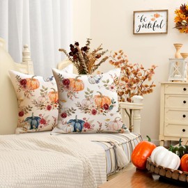 RABUSOFA Fall Pillow Covers 18x18 Inch Set of 2 Orange Pink Dark Blue Pumpkin Rust Floral Thanksgiving Autumn Harvest Outdoor Throw Cushion Cases Seasonal Fall Farmhouse Decorations for Home Couch