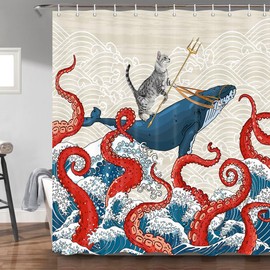 Uokiuki Funny Cat Whale Shower Curtain, Red Kraken Octopus Japanese Ocean Wave with Chinese Auspicious Clouds Shower Curtain with Hooks, Fun Animal Nautical Fabric Bathroom Curtain 69W X 70L Inch