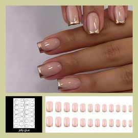 24 Pcs Press on Nails Medium, Short Fake Nails Glue on Nails Almond and Square Set Fake Nails with Nail Glue, 12 Sizes - 24 Fake Nails Kit, Stick on Nails for Women (Color: Style-2, One size fits all)
