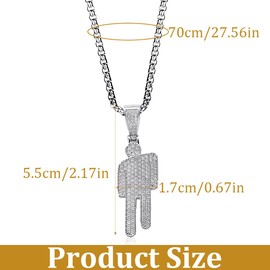 Hip Hop Bad Guy Villain Necklace, Stainless Steel Round Head Zircon Hip Hop Necklace, Couple Pendant Necklace, Skew Head Pendant Full of Zircon Chaoren Necklace, Silver, 70 CM Chain