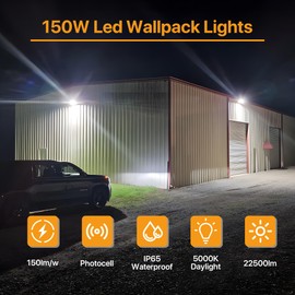 DEMILARE 150W LED Wall Pack Light 2,2500LM with Dusk to Dawn Photocell Flood Security Light Outdoor IP65 Waterproof Wall Light 5000K Commercial Area Lighting for Garage, Warehouses AC100-277V