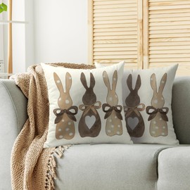 Smozenith Easter Pillow Covers 18X18 Set of 2, Brown Vintage Cute Bunny Decorative Throw Pillow Covers Outdoor Spring Bow Rabbit Farmhouse Holiday Cushion Cases Couch Sofa Bed Decor