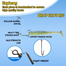 Eupheng Drop Shot Rigs for Bass Fishing, Ready Rig Kit with Barrel Swivel Drop Shot Weights Leader Line and Hook, Multiple Specifications Available (#2/0 Hook- 1/4 oz Weight-Qty 5)