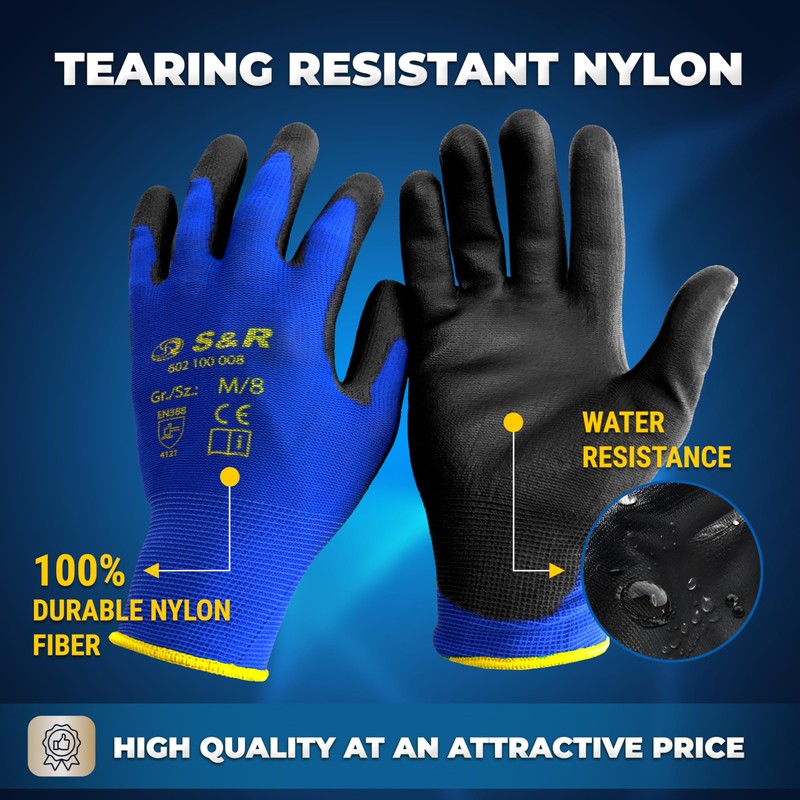S&R Work Gloves – 12 Pairs, Nylon with PU Coating,