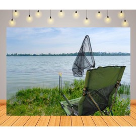 Loccor 8x6ft Fabric Fishing Backdrop River Bank Armchair Fishing Net Summer Forest Lake Scenery Background for Outdoor Theme Party Decorations Photo Studio Props