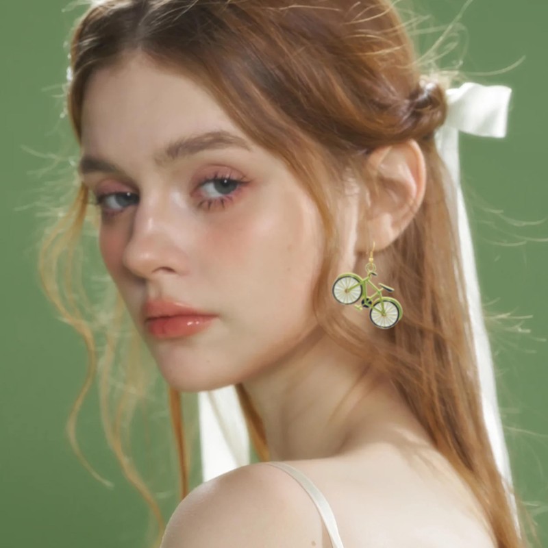 CWVHQ Bike Drop Earrings Unique Handmade Lightweight green Bicycle Dangle