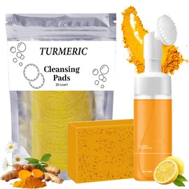 Turmeric Wash and Care 3 Piece Set, Turmeric Trio: Cleansing Mousse, Facial Wash and Soap for Skin Care, Turmeric Cleansing Exfoliating Pads, Turmeric Face Wash for Face and Body
